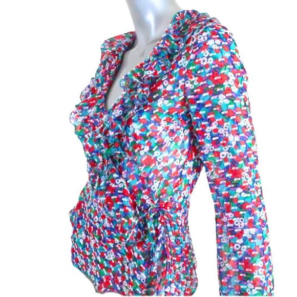 Saloni Women's Size 4 Silk Blend Iman Red + Blue Ruffled Wrap Blouse NWT - Picture 10 of 14